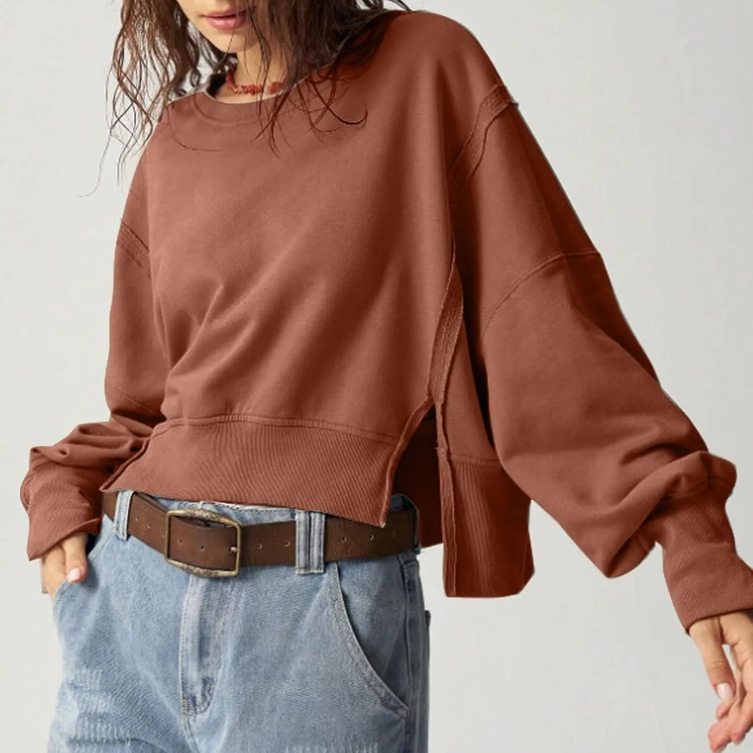 EGUGYDW Womens Crewneck Sweatshirts Cropped Long Sleeve Side Slit Loose Fit Teen Girls 2024 Fall Crop Pullover Tops