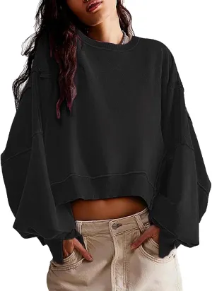 EGUGYDW Womens Crewneck Sweatshirts Cropped Long Sleeve Side Slit Loose Fit Teen Girls 2024 Fall Crop Pullover Tops