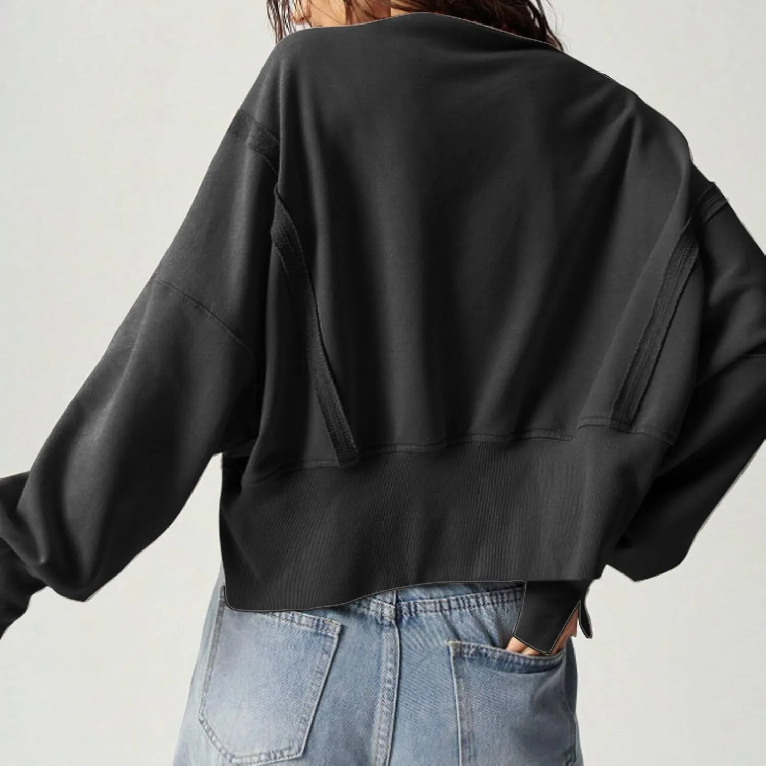 EGUGYDW Womens Crewneck Sweatshirts Cropped Long Sleeve Side Slit Loose Fit Teen Girls 2024 Fall Crop Pullover Tops