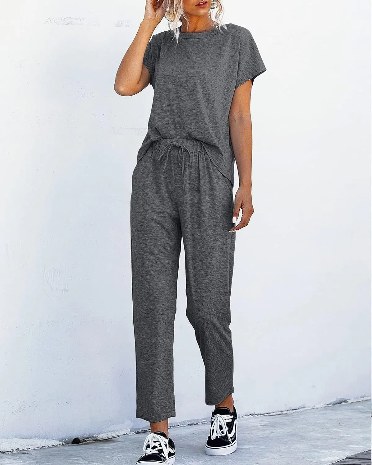 Eurivicy Women's 2 Piece Outfits Sets Casual Short Sleeve Crewneck T-Shirts and Pocketed Jogger Pants Summer Tracksuit Set