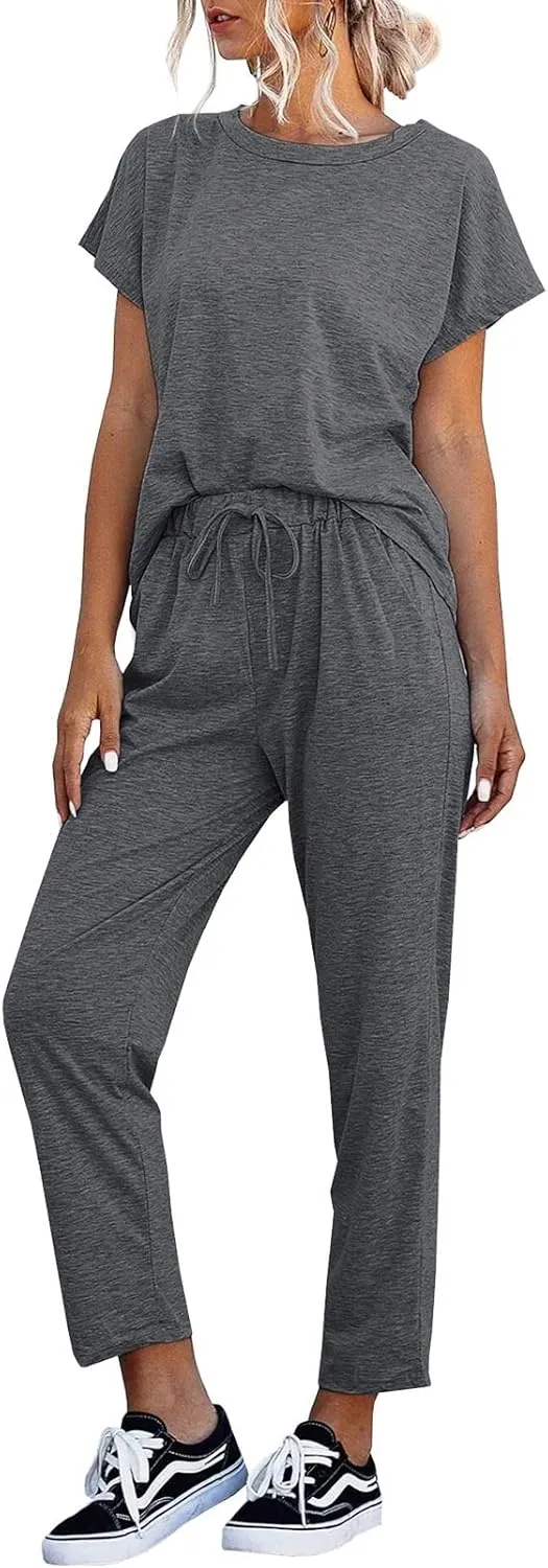 Eurivicy Women's 2 Piece Outfits Sets Casual Short Sleeve Crewneck T-Shirts and Pocketed Jogger Pants Summer Tracksuit Set