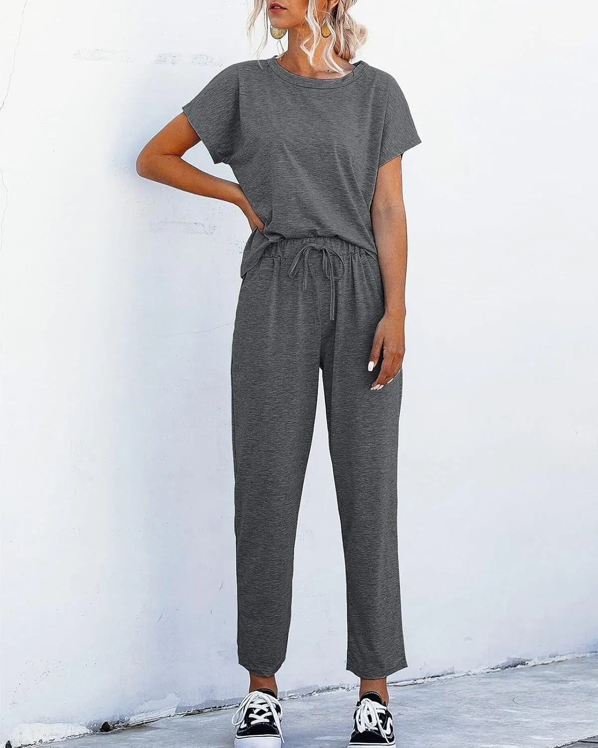 Eurivicy Women's 2 Piece Outfits Sets Casual Short Sleeve Crewneck T-Shirts and Pocketed Jogger Pants Summer Tracksuit Set