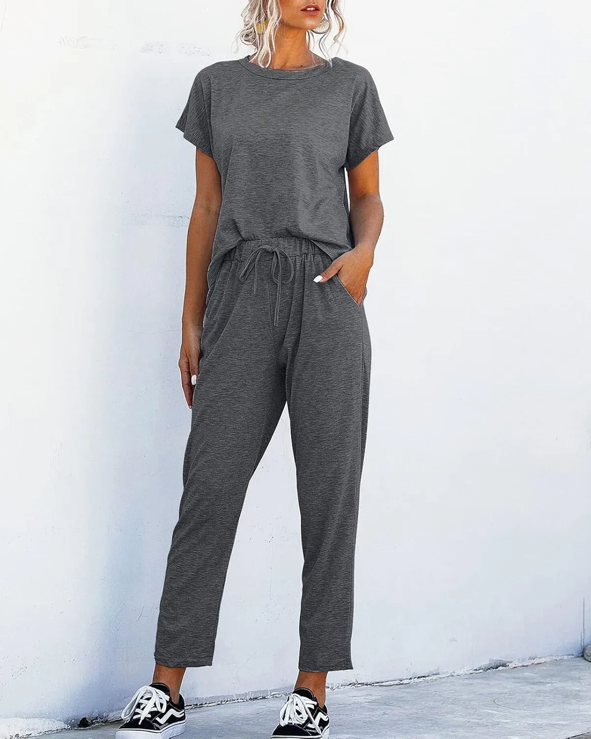 Eurivicy Women's 2 Piece Outfits Sets Casual Short Sleeve Crewneck T-Shirts and Pocketed Jogger Pants Summer Tracksuit Set
