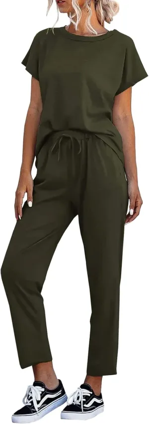 Eurivicy Women's 2 Piece Outfits Sets Casual Short Sleeve Crewneck T-Shirts and Pocketed Jogger Pants Summer Tracksuit Set