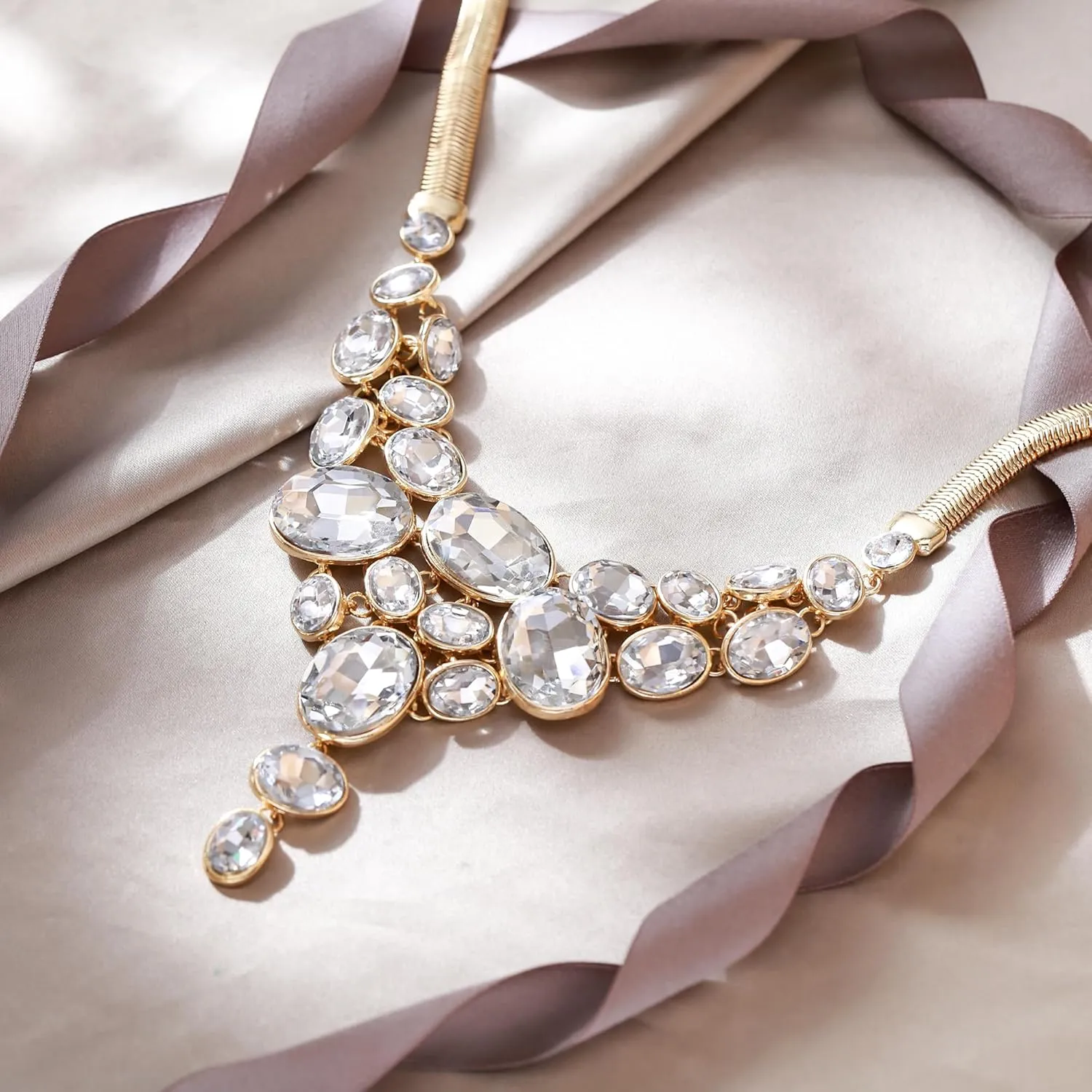 EVER FAITH Art Deco Chunky Oval Rhinestone Crystal Bib Statement Necklace