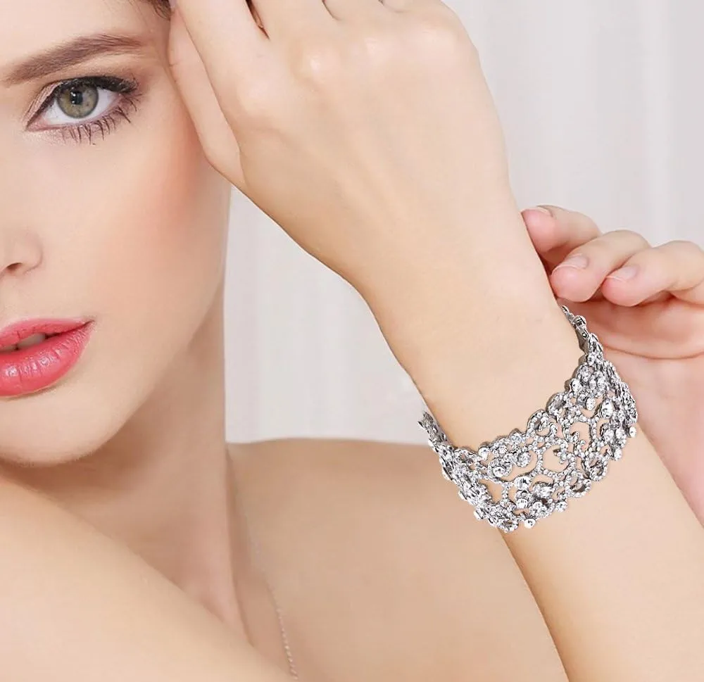 EVER FAITH Women's Austrian Crystal Bride Heart Art Deco Elastic Stretch Bracelet Clear