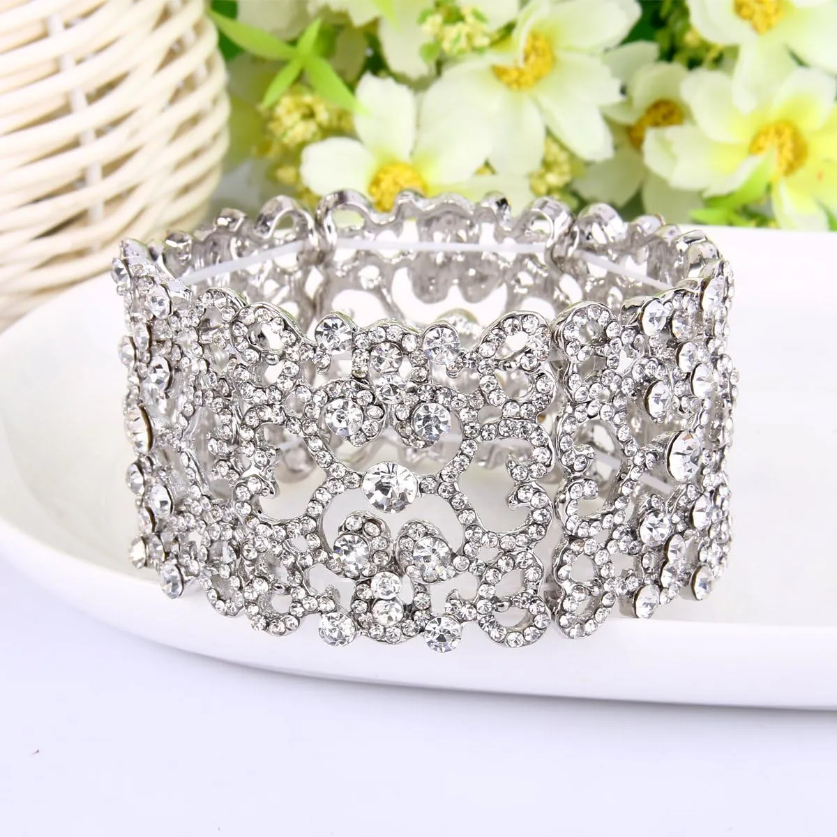 EVER FAITH Women's Austrian Crystal Bride Heart Art Deco Elastic Stretch Bracelet Clear