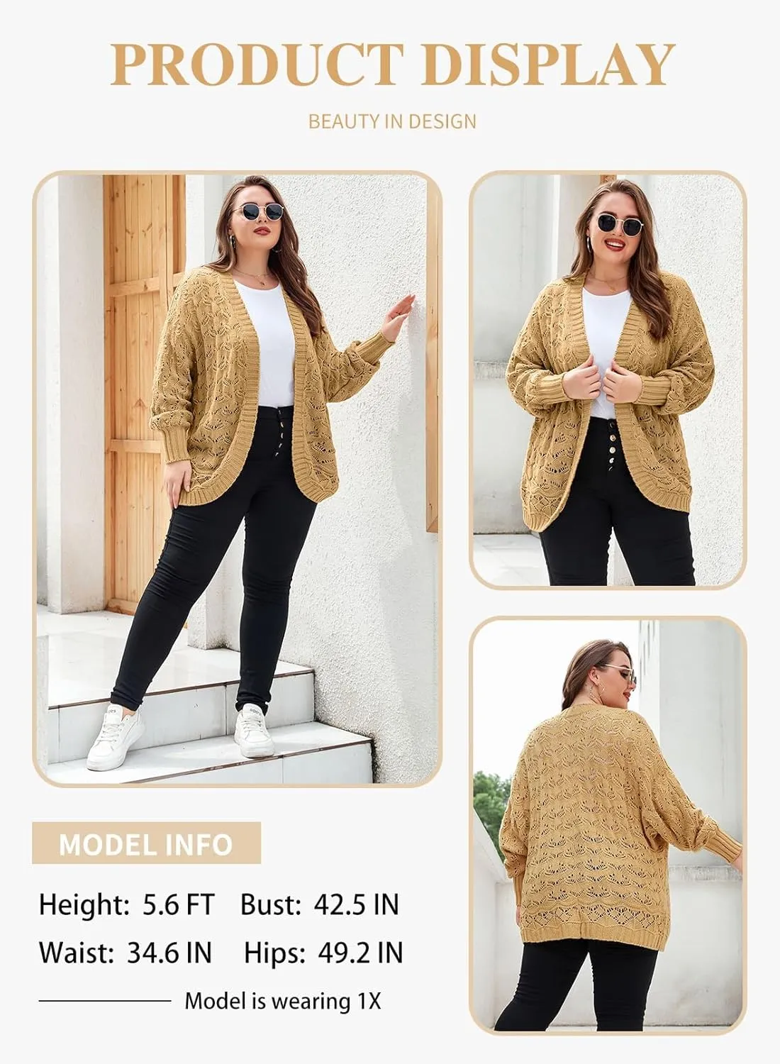 Eytino Womens Plus Size Crochet Cardigan Sweater Long Sleeve Hollow Out Open Front Cardigans Outwear(1X-5X)