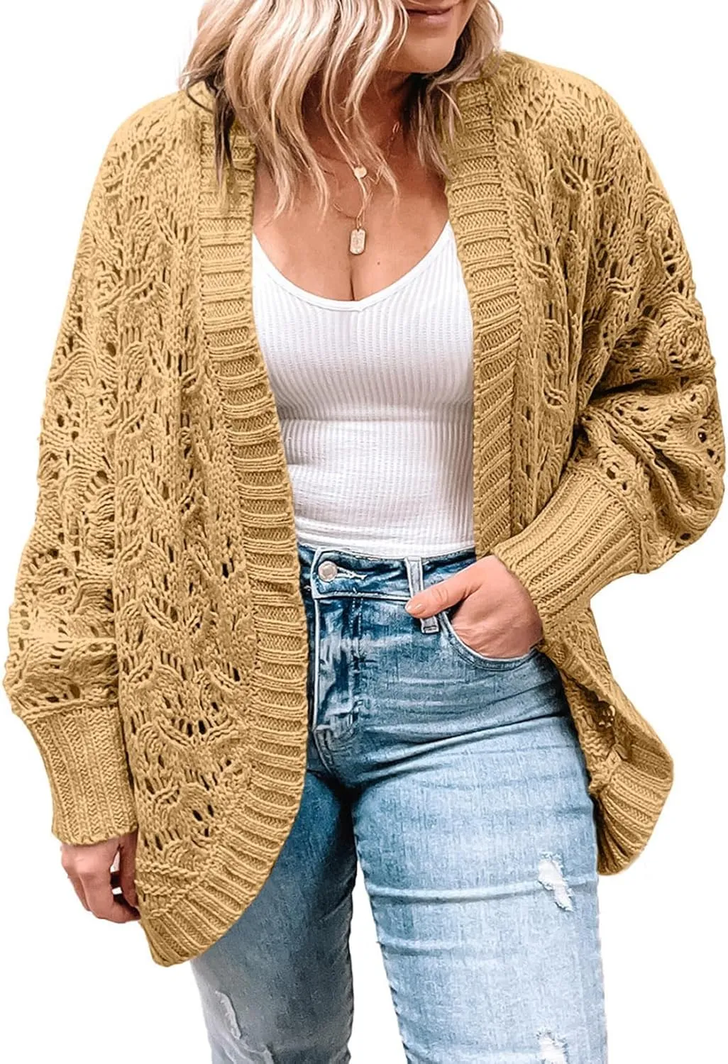Eytino Womens Plus Size Crochet Cardigan Sweater Long Sleeve Hollow Out Open Front Cardigans Outwear(1X-5X)