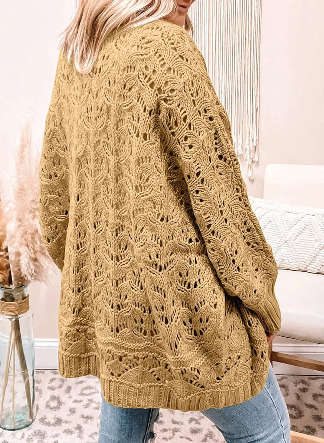 Eytino Womens Plus Size Crochet Cardigan Sweater Long Sleeve Hollow Out Open Front Cardigans Outwear(1X-5X)