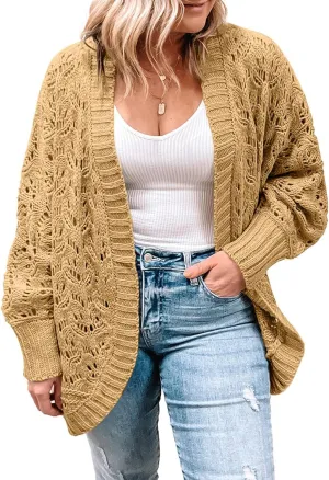 Eytino Womens Plus Size Crochet Cardigan Sweater Long Sleeve Hollow Out Open Front Cardigans Outwear(1X-5X)