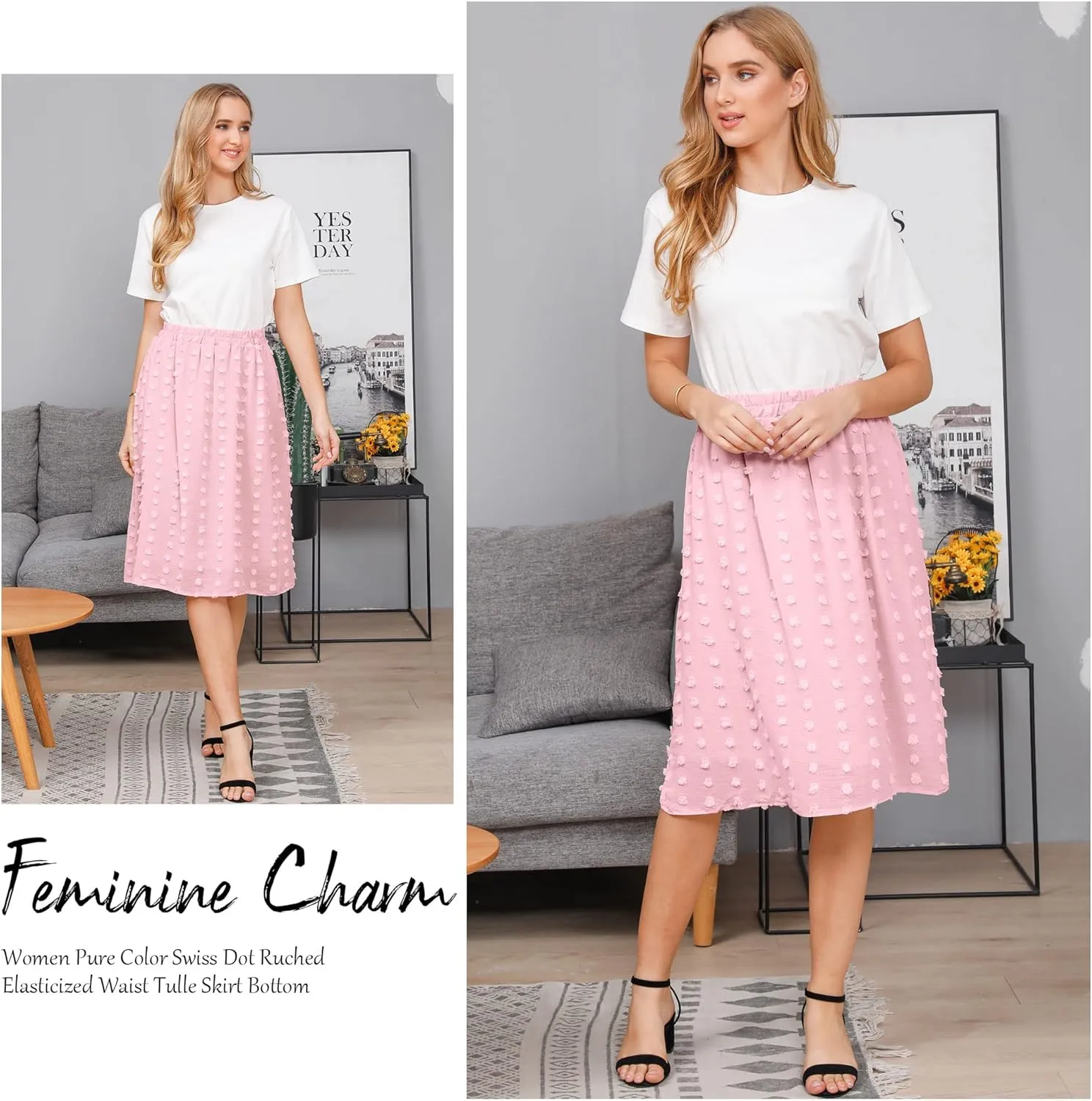 Ezcosplay Women's Boho Swiss Dot High Elastic Waist Pleated A-Line Midi Skirt