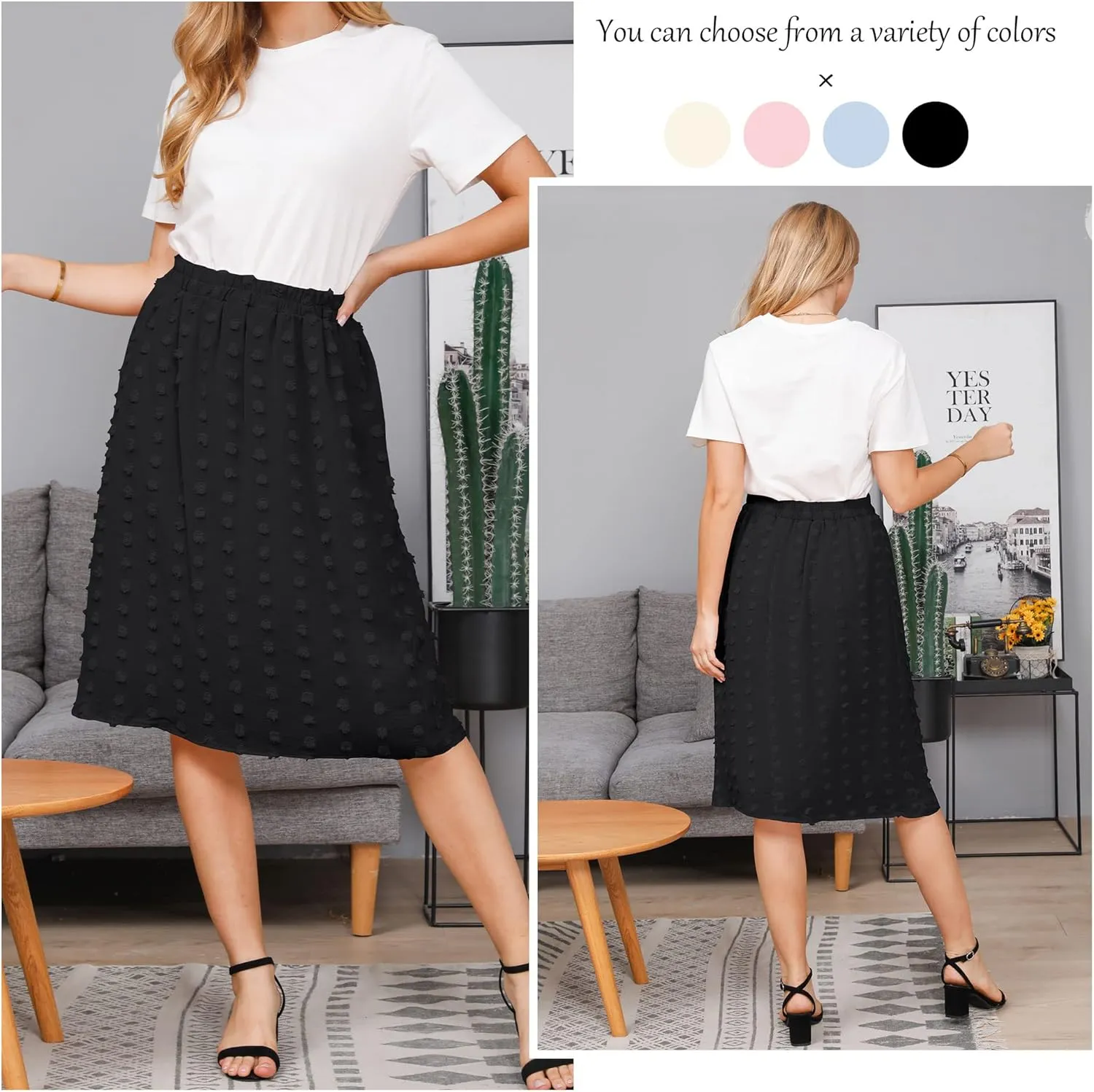 Ezcosplay Women's Boho Swiss Dot High Elastic Waist Pleated A-Line Midi Skirt