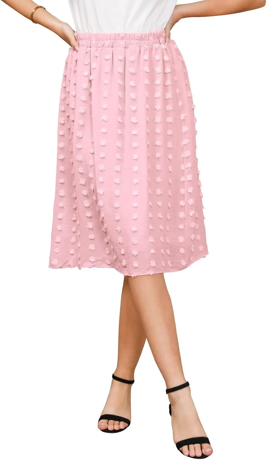 Ezcosplay Women's Boho Swiss Dot High Elastic Waist Pleated A-Line Midi Skirt