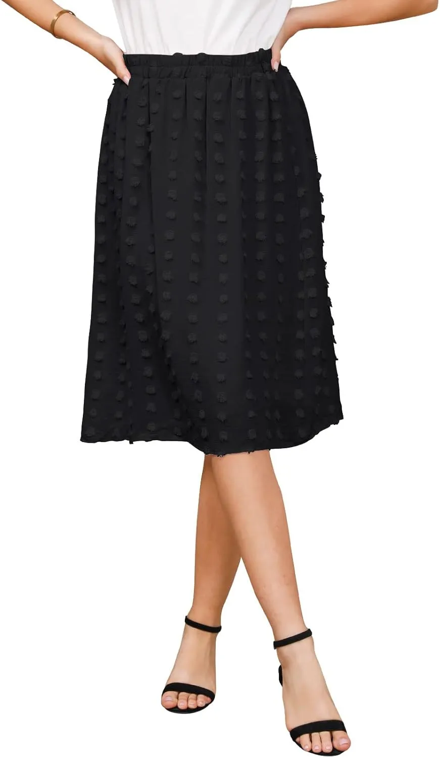 Ezcosplay Women's Boho Swiss Dot High Elastic Waist Pleated A-Line Midi Skirt