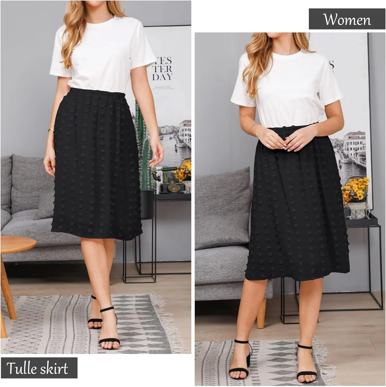 Ezcosplay Women's Boho Swiss Dot High Elastic Waist Pleated A-Line Midi Skirt