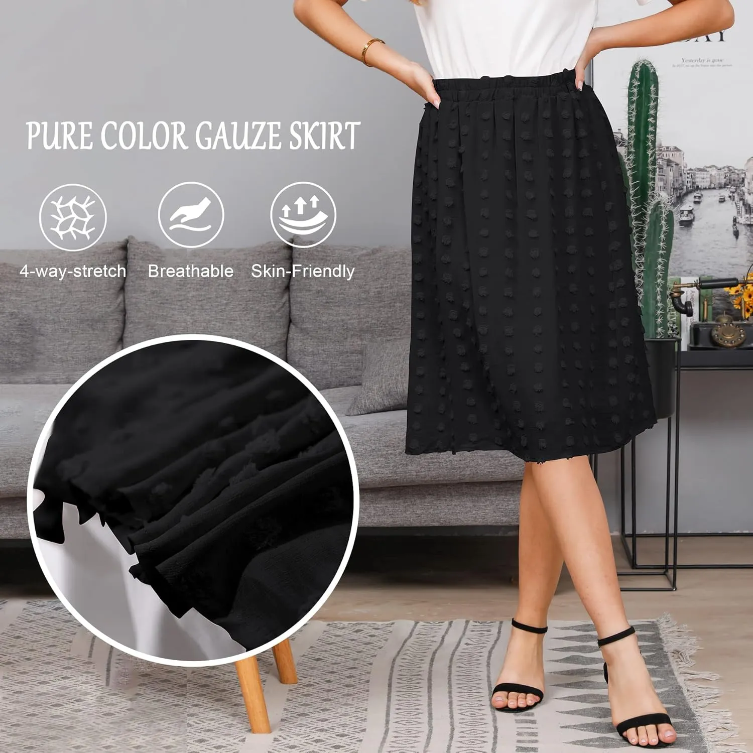 Ezcosplay Women's Boho Swiss Dot High Elastic Waist Pleated A-Line Midi Skirt