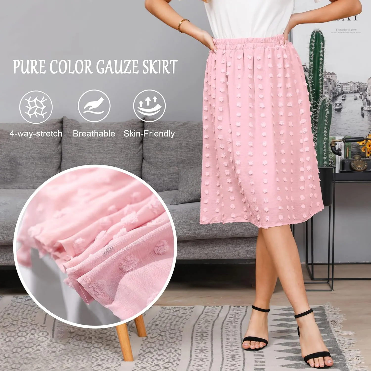 Ezcosplay Women's Boho Swiss Dot High Elastic Waist Pleated A-Line Midi Skirt