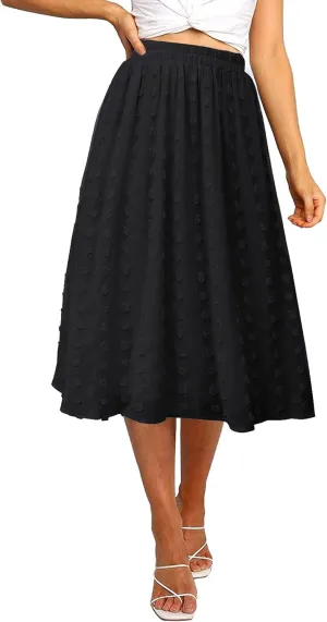 Ezcosplay Women's Boho Swiss Dot High Elastic Waist Pleated A-Line Midi Skirt