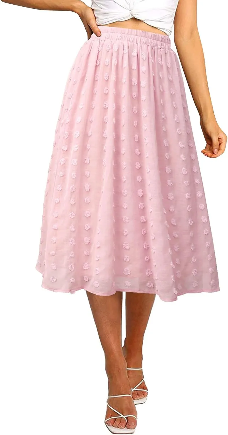 Ezcosplay Women's Boho Swiss Dot High Elastic Waist Pleated A-Line Midi Skirt