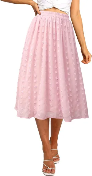 Ezcosplay Women's Boho Swiss Dot High Elastic Waist Pleated A-Line Midi Skirt