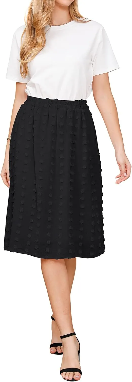 Ezcosplay Women's Boho Swiss Dot High Elastic Waist Pleated A-Line Midi Skirt
