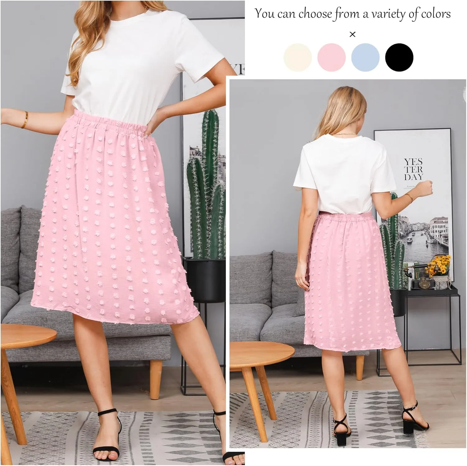 Ezcosplay Women's Boho Swiss Dot High Elastic Waist Pleated A-Line Midi Skirt