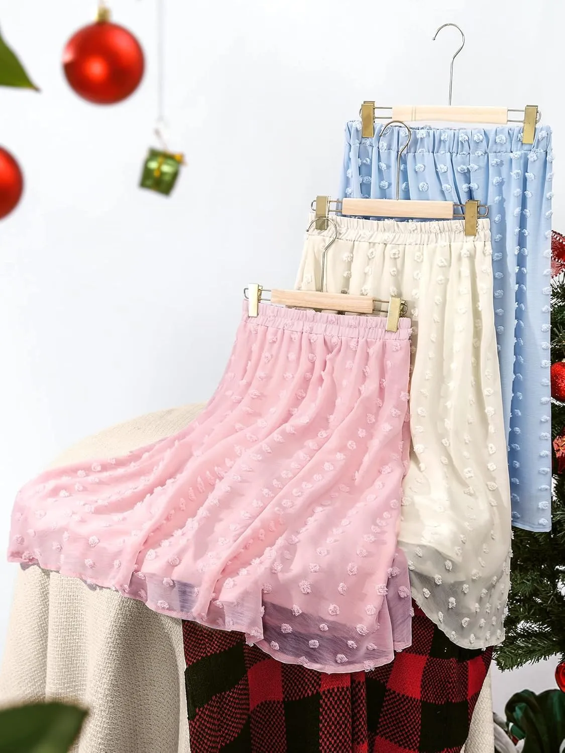 Ezcosplay Women's Boho Swiss Dot High Elastic Waist Pleated A-Line Midi Skirt