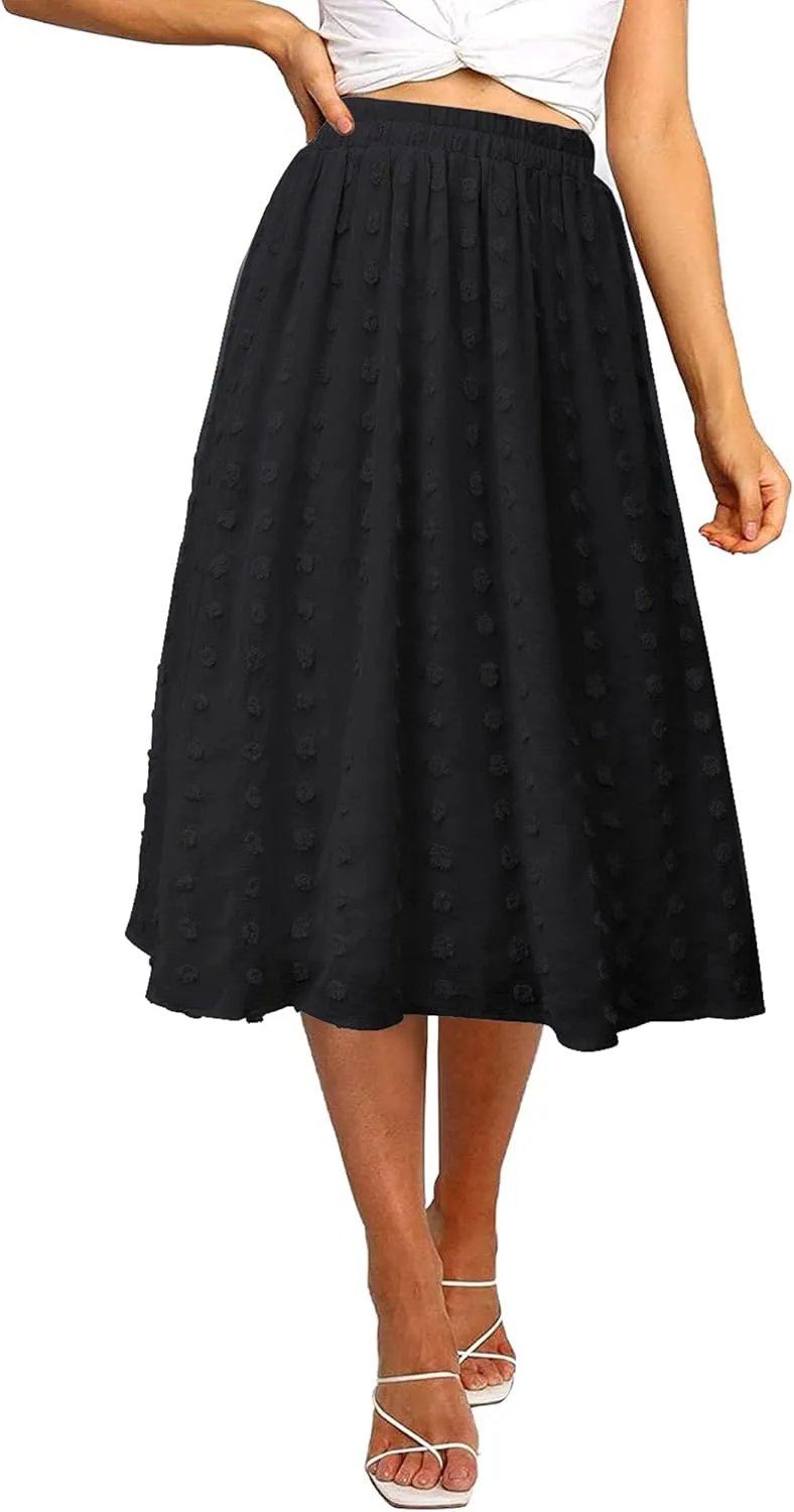Ezcosplay Women's Boho Swiss Dot High Elastic Waist Pleated A-Line Midi Skirt