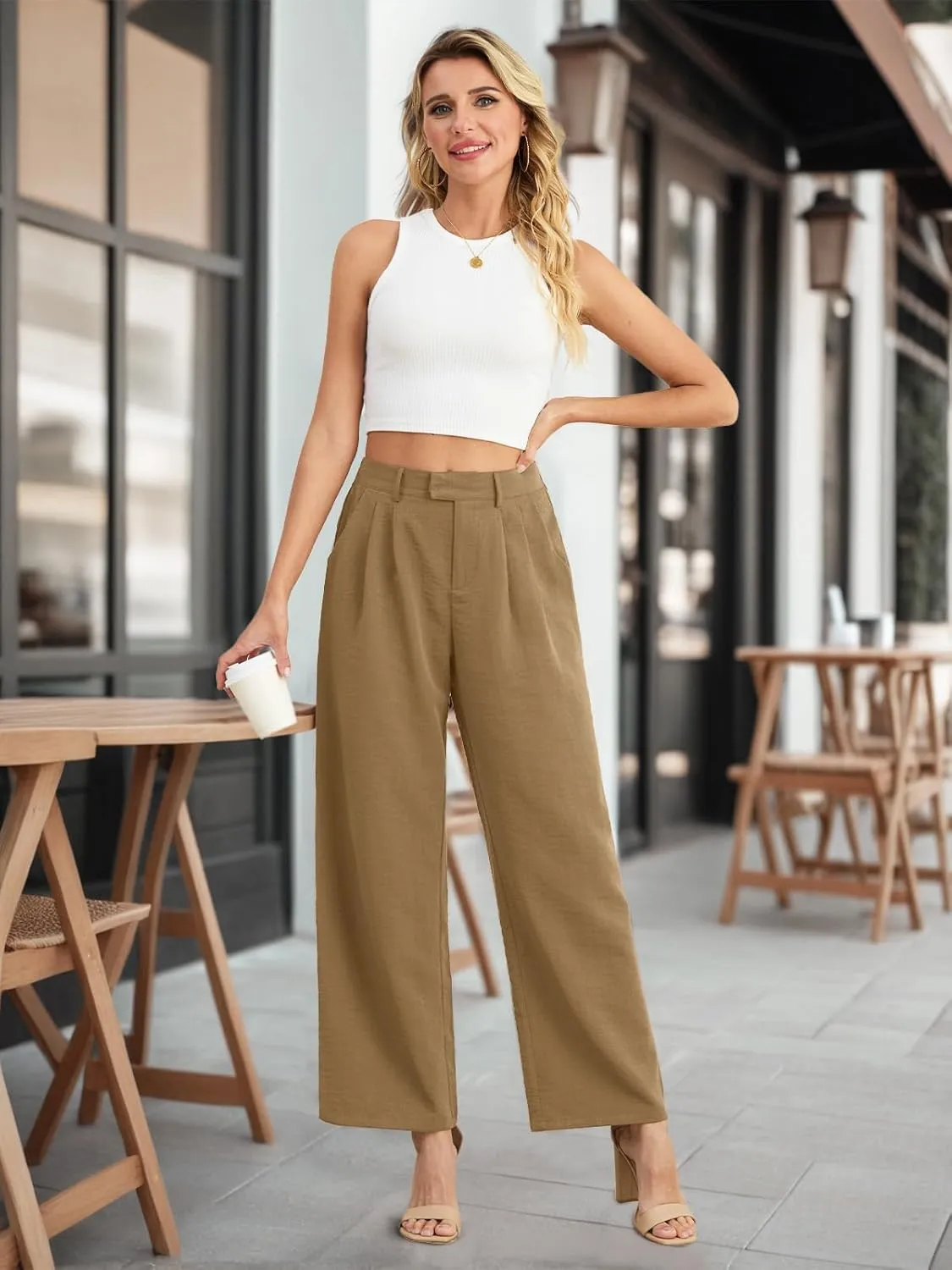 Feiersi Women's Wide Leg Pants Casual High Waisted Slacks Straight Dressy Pants Palazzo Trousers with Pockets