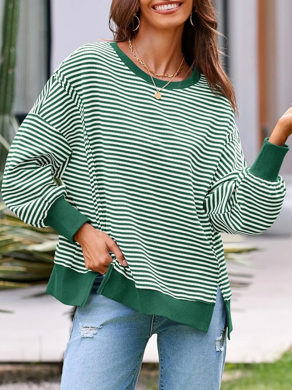 Fisoew Women's Fall Oversized Sweatshirt Casual Waffle Knit Long Sleeve Crewneck Split Pullover Tunic Tops