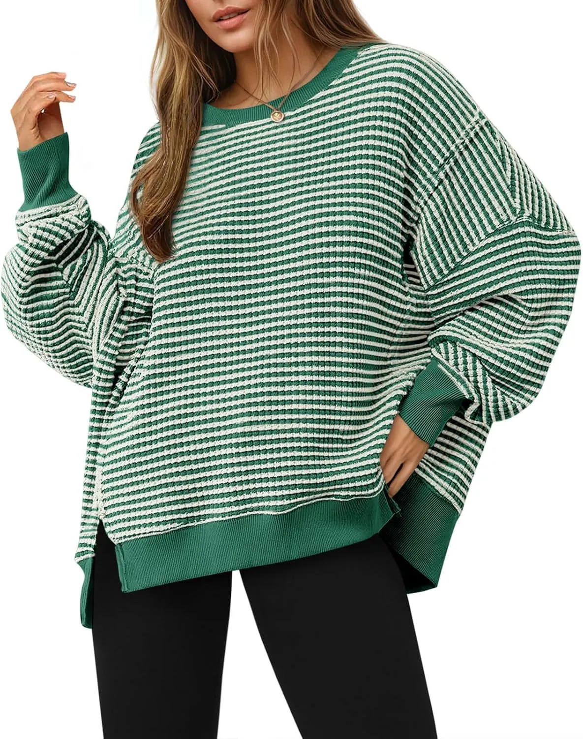 Fisoew Women's Fall Oversized Sweatshirt Casual Waffle Knit Long Sleeve Crewneck Split Pullover Tunic Tops