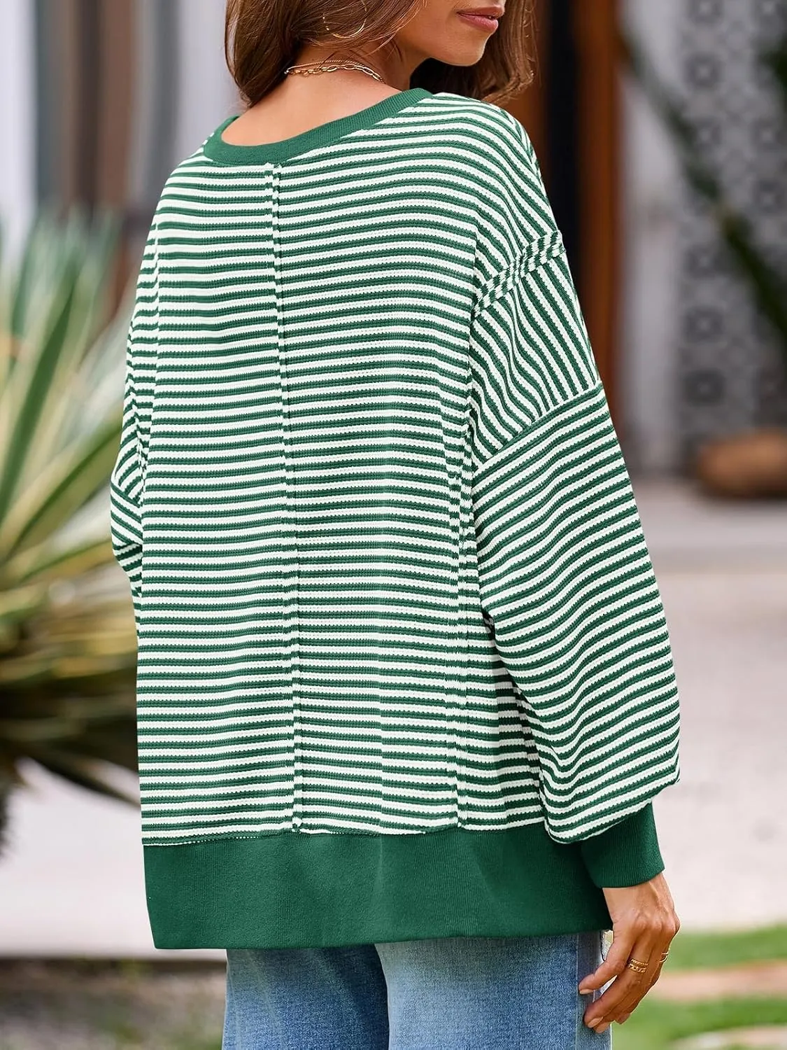 Fisoew Women's Fall Oversized Sweatshirt Casual Waffle Knit Long Sleeve Crewneck Split Pullover Tunic Tops