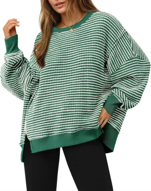 Fisoew Women's Fall Oversized Sweatshirt Casual Waffle Knit Long Sleeve Crewneck Split Pullover Tunic Tops