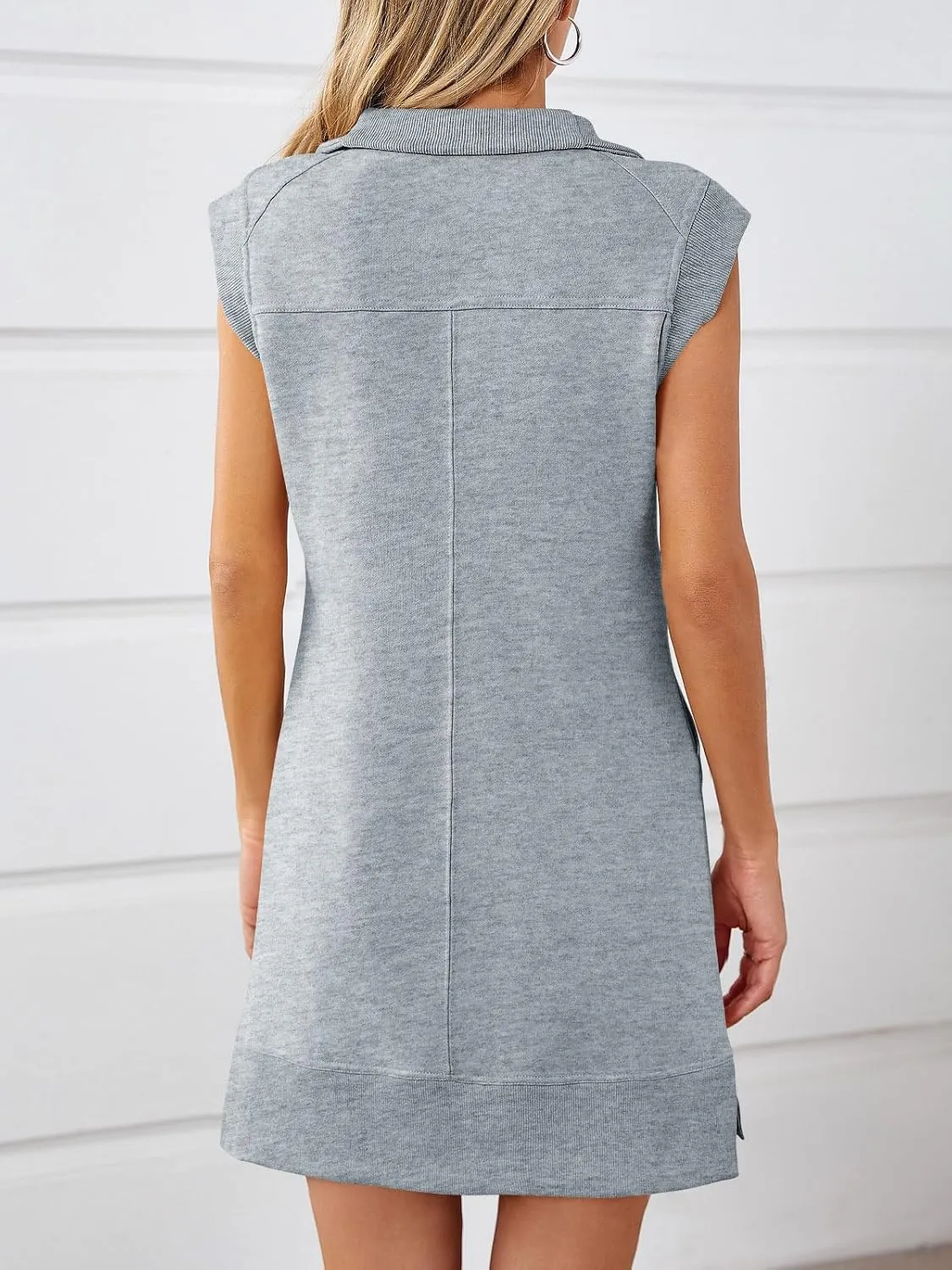 Fisoew Womens Summer Half Zip Sweatshirt Dresses V Neck Collared Sleeveless Workout Tunic Mini Dress