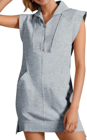 Fisoew Womens Summer Half Zip Sweatshirt Dresses V Neck Collared Sleeveless Workout Tunic Mini Dress
