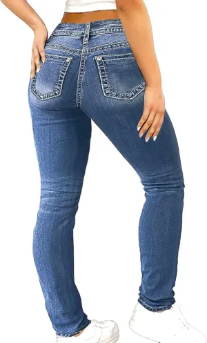 Flamingals Women's Butt Lifting Tummy Control Bootcut Jeans Skinny Leg Mid Rise Stretchy Denim Jeans