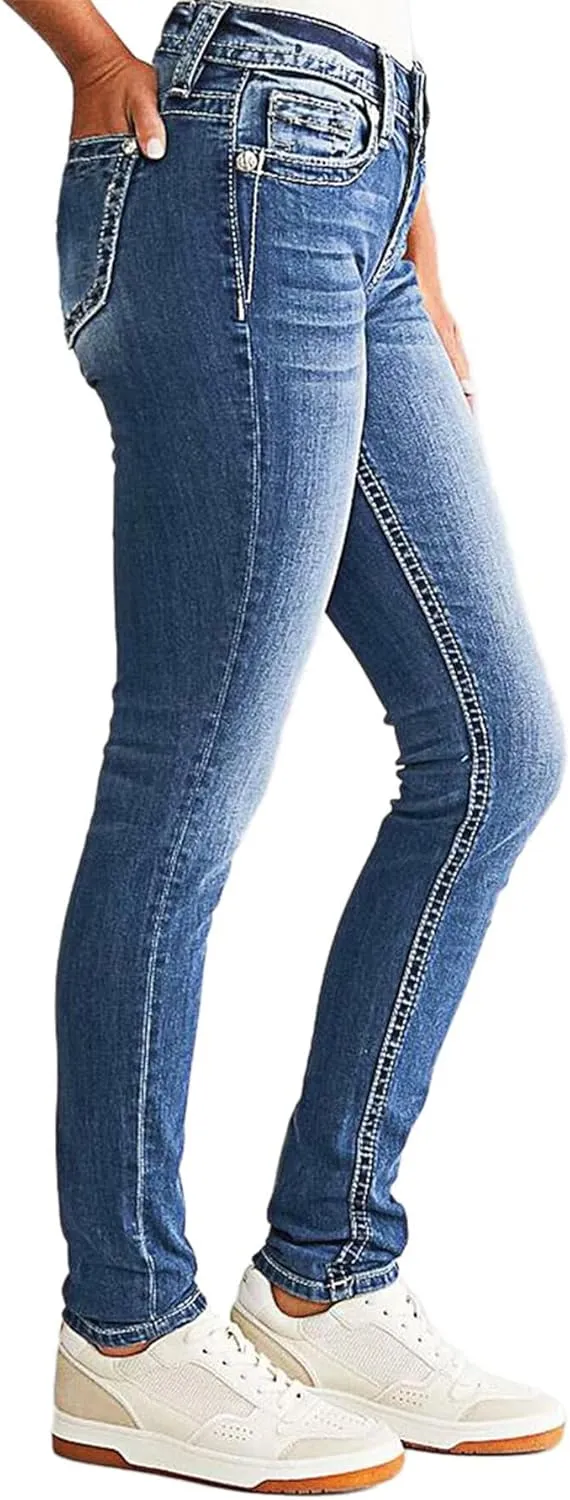 Flamingals Women's Butt Lifting Tummy Control Bootcut Jeans Skinny Leg Mid Rise Stretchy Denim Jeans