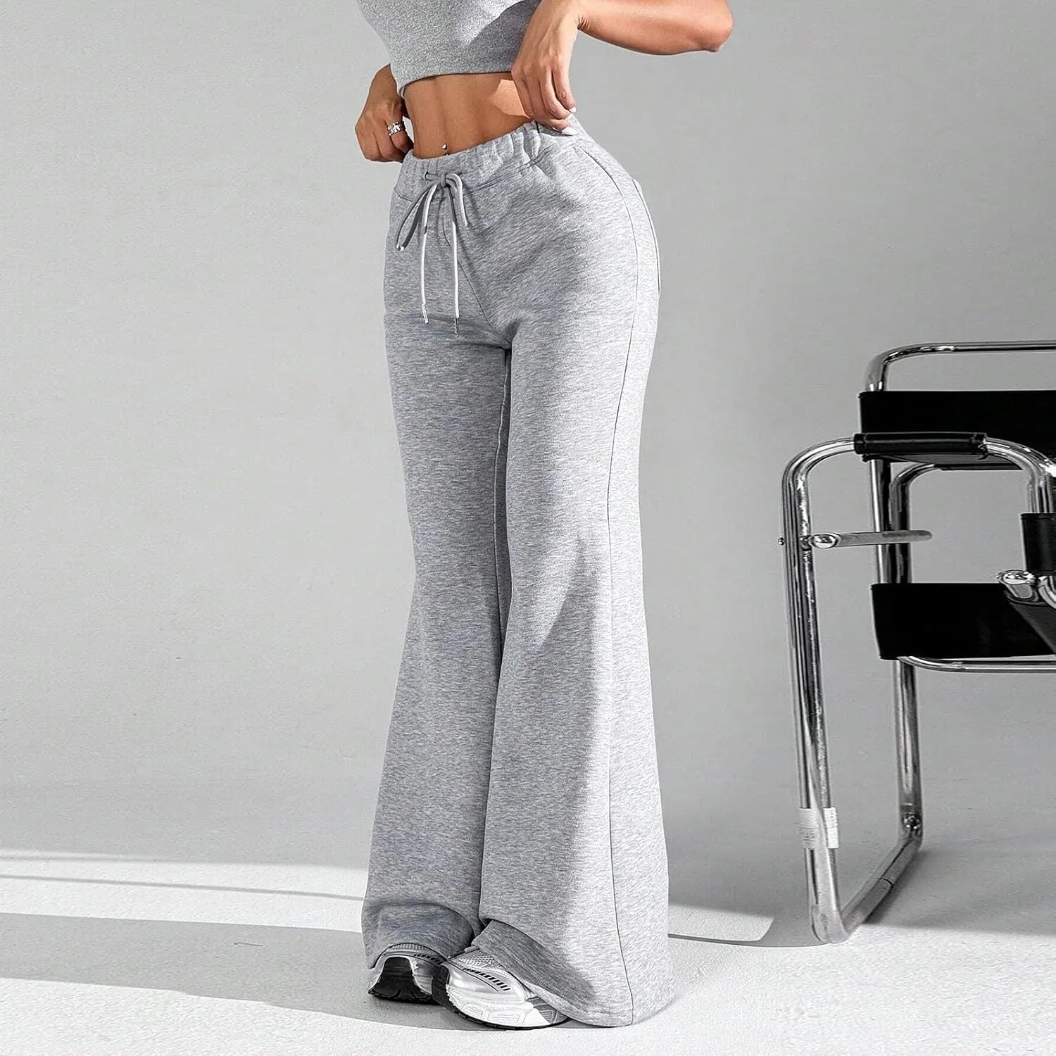 Flare Wide Leg Sweatpants Women Drawstring High Waisted Cotton Joggers Casual Flowy Bootcut Yoga Pants with Pockets