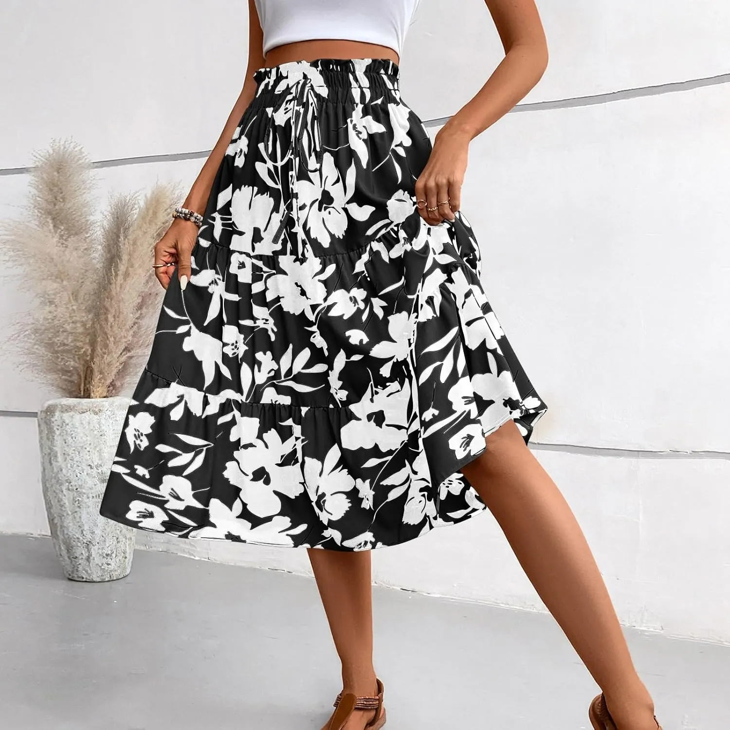 Floral Boho Skirts for Women Summer Comfy Tiered Elastic High Waisted Skirts Vacation A-Line Flowy Swing Long Skirts