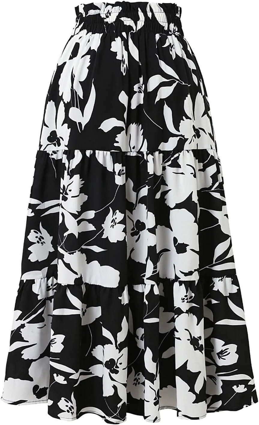 Floral Boho Skirts for Women Summer Comfy Tiered Elastic High Waisted Skirts Vacation A-Line Flowy Swing Long Skirts