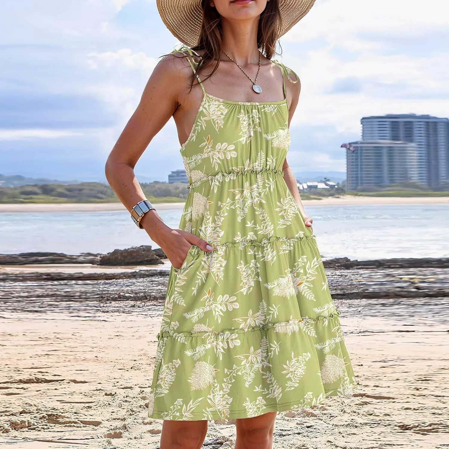 Floral Mini Dresses for Women Spaghetti Strap Tiered Ruffle Flowy Sundress Summer Vacation A Line Short Skater Dress