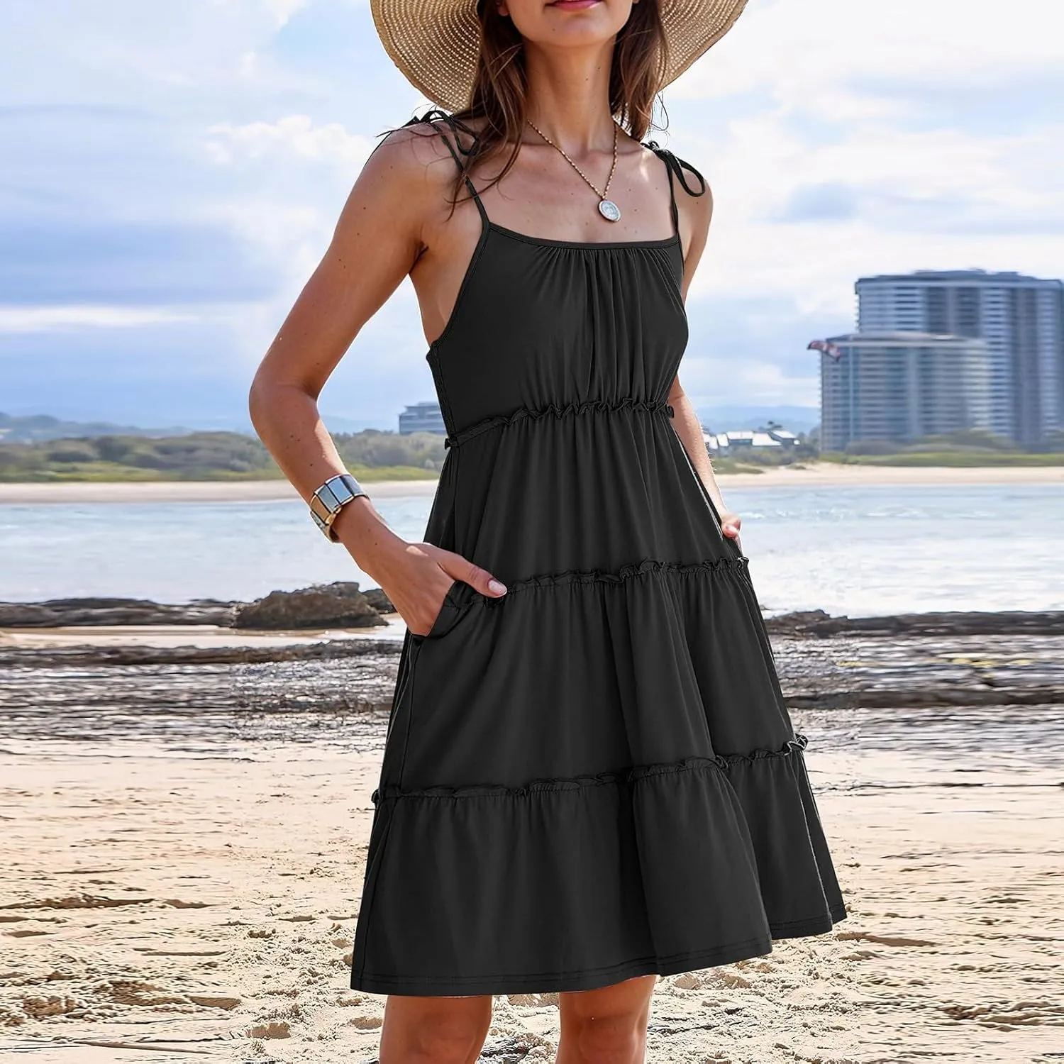 Floral Mini Dresses for Women Spaghetti Strap Tiered Ruffle Flowy Sundress Summer Vacation A Line Short Skater Dress