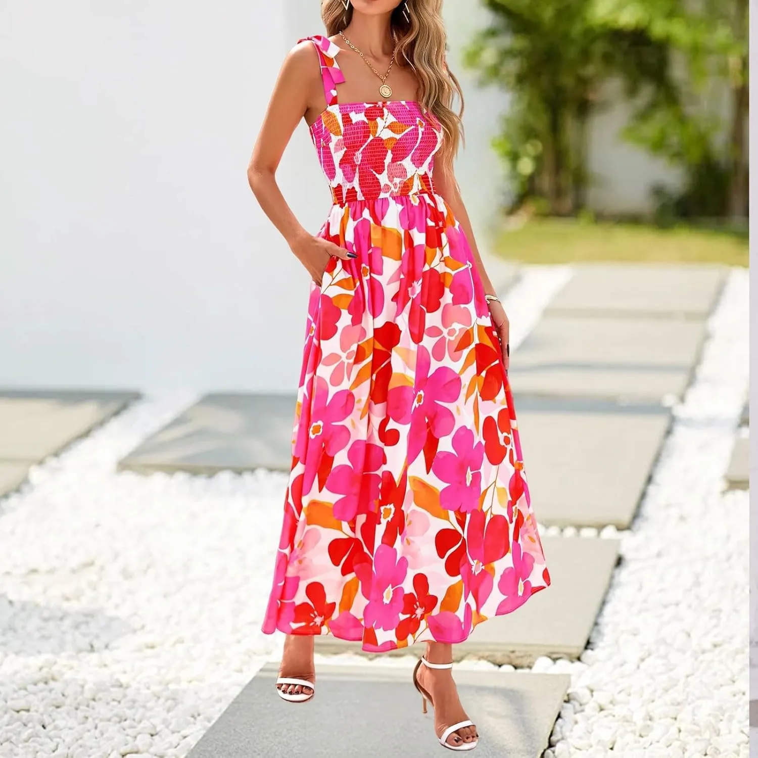 Floral Summer Dresses for Women 2025 Sleeveless Paghetti Strap Smocked Maxi Dress Flowy Beach Sundresses with Pockets