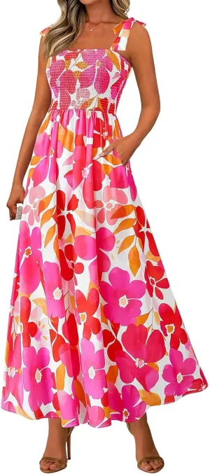 Floral Summer Dresses for Women 2025 Sleeveless Paghetti Strap Smocked Maxi Dress Flowy Beach Sundresses with Pockets