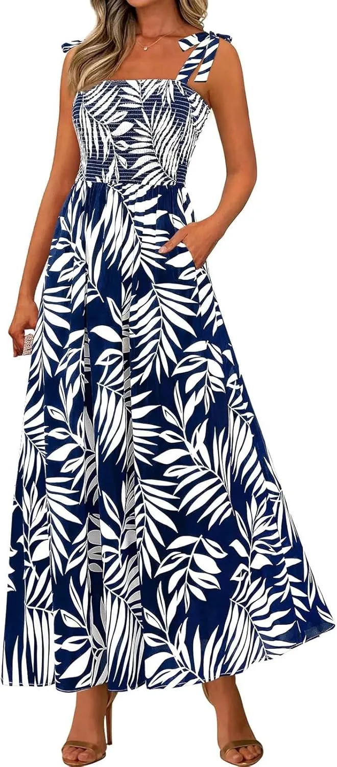Floral Summer Dresses for Women 2025 Sleeveless Paghetti Strap Smocked Maxi Dress Flowy Beach Sundresses with Pockets