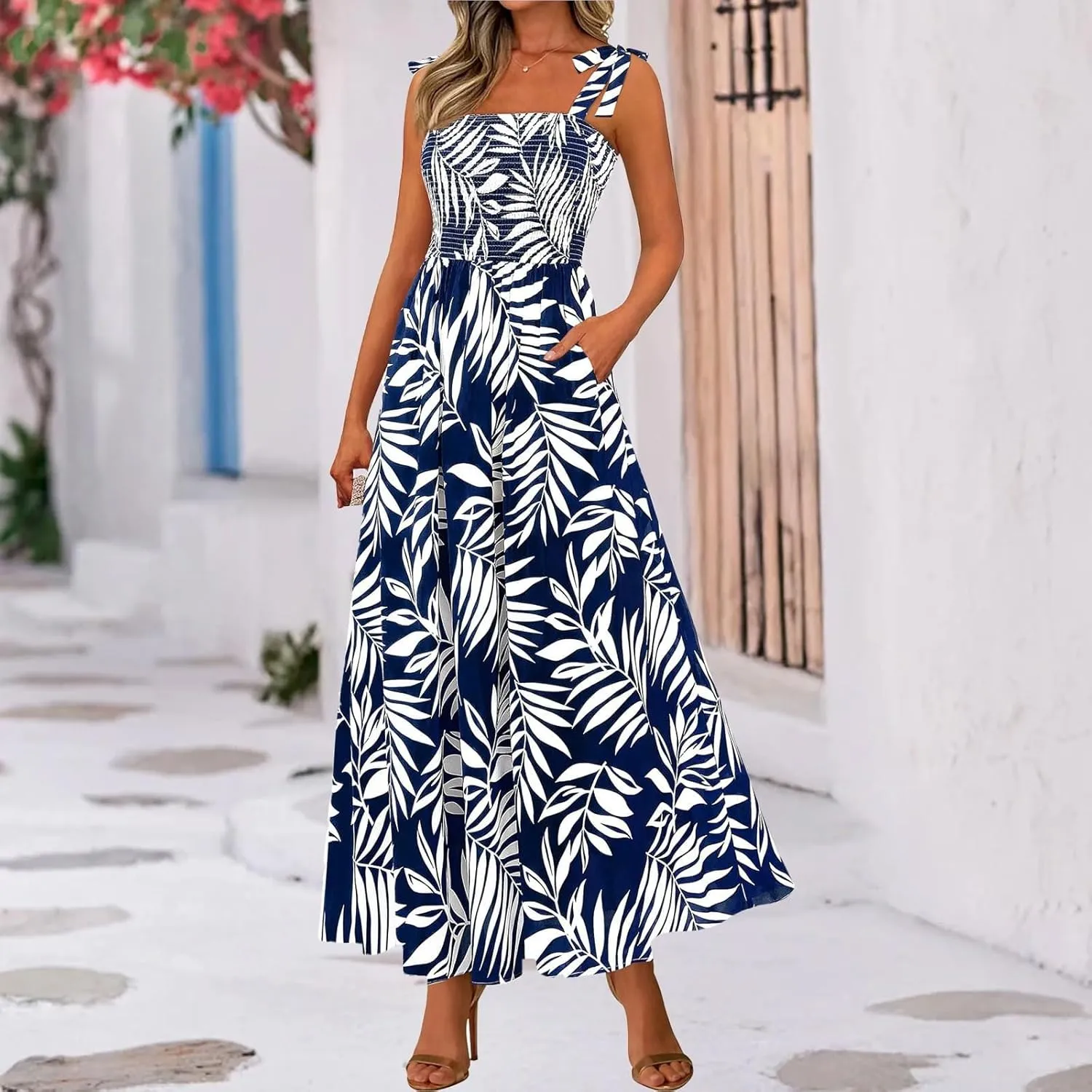 Floral Summer Dresses for Women 2025 Sleeveless Paghetti Strap Smocked Maxi Dress Flowy Beach Sundresses with Pockets