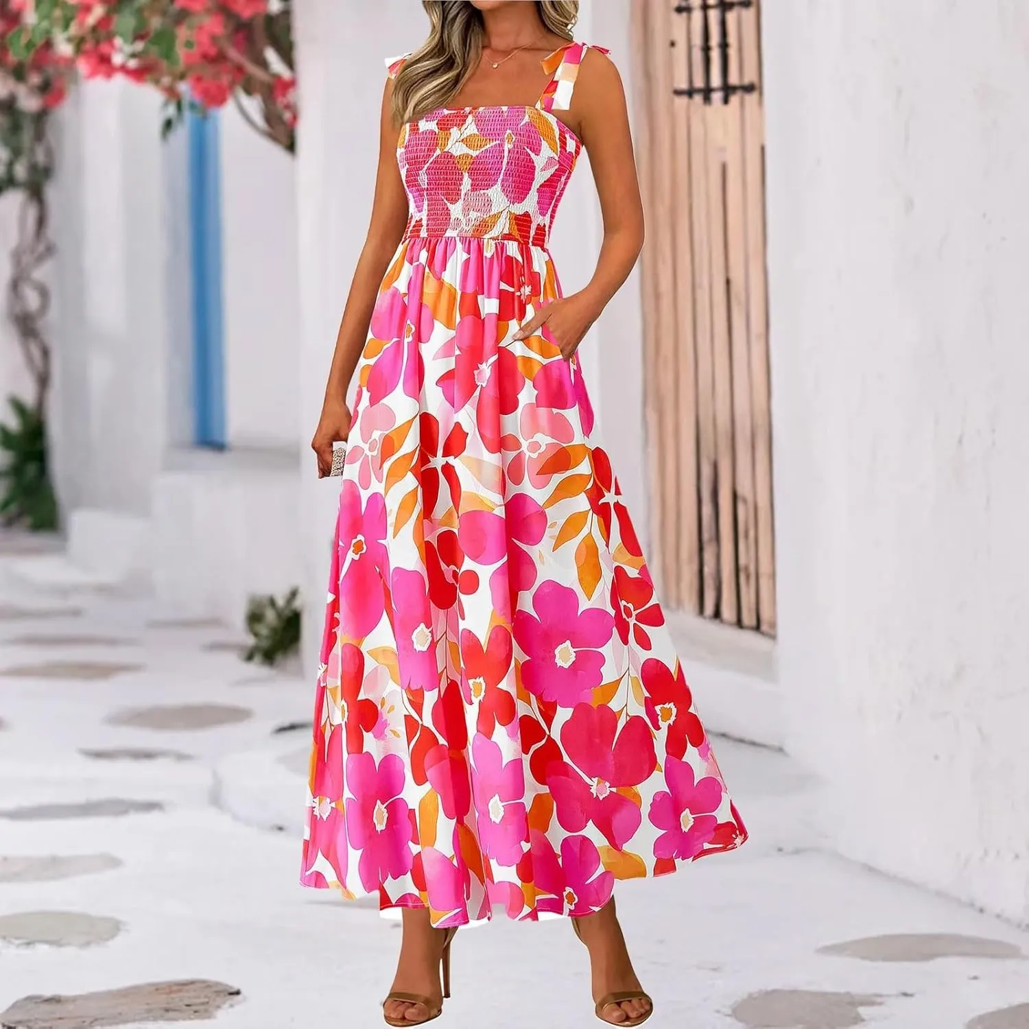 Floral Summer Dresses for Women 2025 Sleeveless Paghetti Strap Smocked Maxi Dress Flowy Beach Sundresses with Pockets