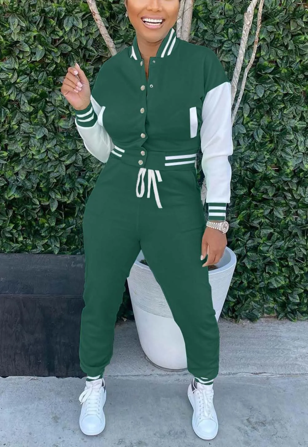 Fooullaide Women's Varsity Jacket Sweatsuit 2 Piece Tracksuit Crop Top Button Down Letterman Jackets Pants Sets