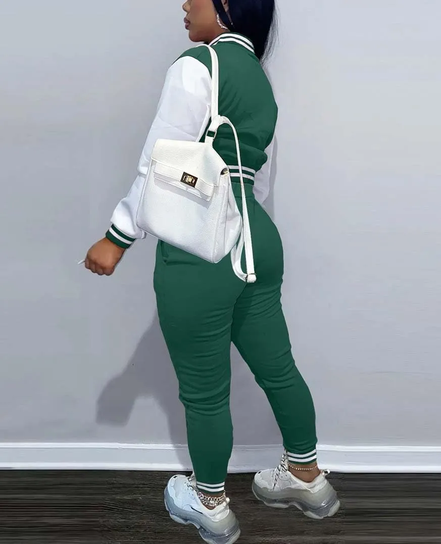 Fooullaide Women's Varsity Jacket Sweatsuit 2 Piece Tracksuit Crop Top Button Down Letterman Jackets Pants Sets